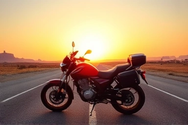 Motorcycle on scenic road at sunset, ready for travel.