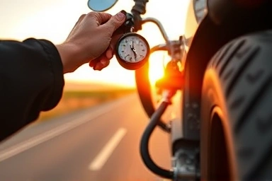 Motorcyclist checks tire pressure before ride.