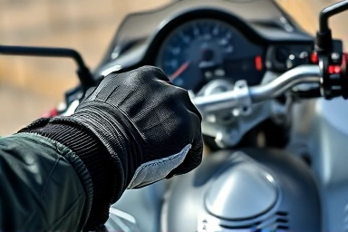 Gloved hands checking motorcycle brake lever.
