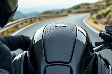 Rider gripping motorcycle tank with grippy pad