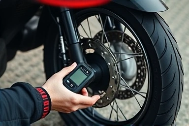 Rider checking motorcycle tire pressure