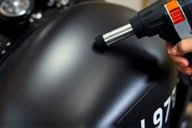 Motorcycle fuel tank being wrapped with matte black vinyl film.