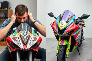 Comparison of difficult DIY motorcycle wrapping versus a perfect professional finish.