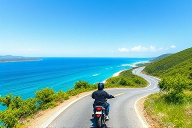 Motorcyclist on scenic Namhae coastal road with ocean view