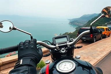 Motorcycle handlebars overlooking Namhae coast, adventure theme