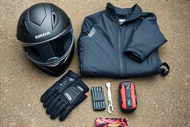 Essential motorcycle touring gear laid out neatly