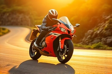 Motorcyclist enjoying a sport bike on a scenic road.