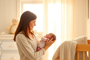 Nurturing mother holding baby in a peaceful nursery.