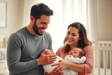 Happy family with newborn baby in nursery.