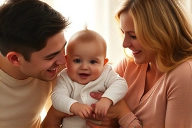 Happy family receiving financial support for childcare.
