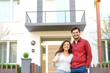 Family with two children in front of apartment building, symbolizing housing achievement.