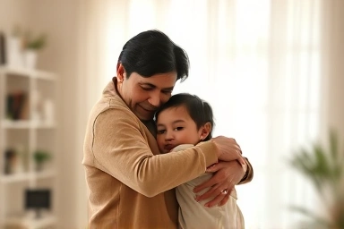 Single parent and child embracing with hope and security.