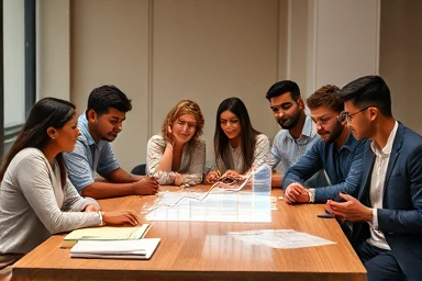 Young adults collaborating on financial planning with optimistic outlook.