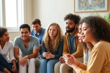 Young adults in a supportive group activity, symbolizing growth.