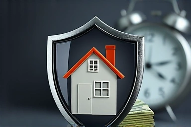 Shield protecting house and money, symbolizing security and urgency.
