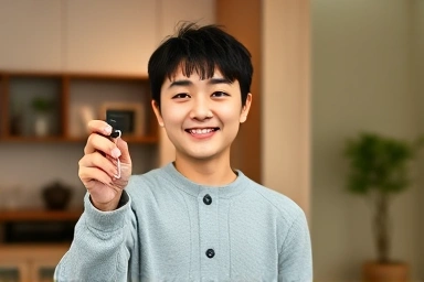 Young Korean person happy with housing support keys
