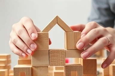Hands building with blocks for home planning.