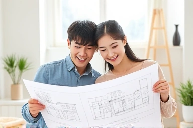 Happy couple planning future home with blueprints