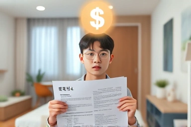 Young person with rental contract and financial support symbol.