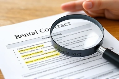 Close-up of rental contract with magnifying glass and supportive hand.