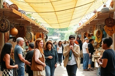 Vibrant local marketplace showcasing artisanal products and community interaction.