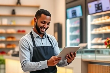 Small business owner embracing smart technology for growth.