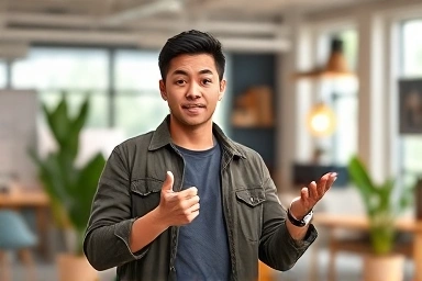 Young entrepreneur pitching innovative business idea in modern co-working space.