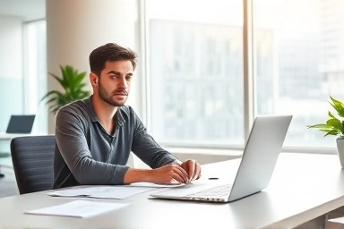 Entrepreneur working in a bright, modern co-working space.