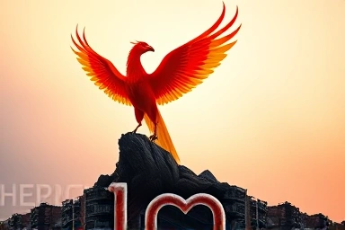 Phoenix rising from ashes symbolizing business restart and hope.