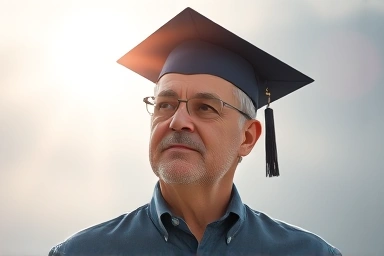 Middle-aged person achieving IT career goals with training.