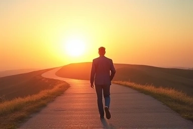 Person walking towards a brighter future, symbolizing re-employment and growth.