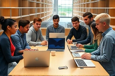 대학생들이 LG 그램, 갤럭시북4 Pro, 맥북 에어를 비교하는 모습