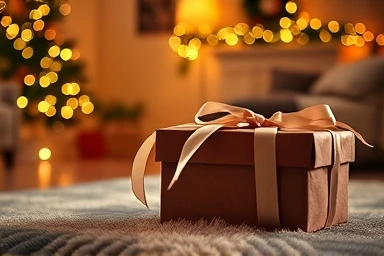 Cozy Christmas gift scene with romantic ambiance.