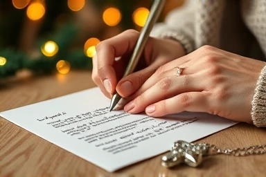 Handwritten letter and delicate jewelry with festive background.