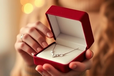 Discovering a sparkling necklace from a gift box