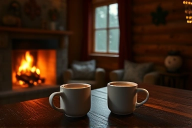 Cozy cabin interior with fireplace and snow outside.