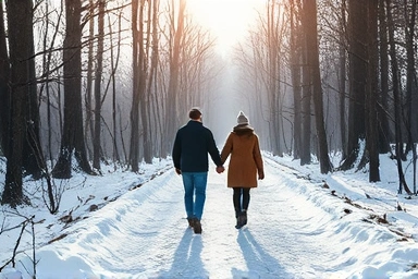 Couple walking on a snow-dusted forest path.