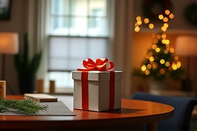 Festive office desk with a Christmas gift.