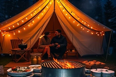 Cozy Christmas glamping with bonfire, BBQ, and fairy lights.