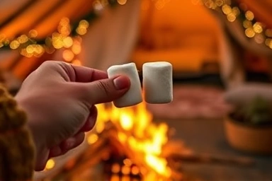 Roasting marshmallows over a bonfire at Christmas glamping.