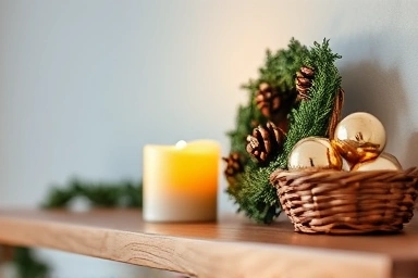 Handcrafted Christmas decor on a wooden shelf with natural elements.
