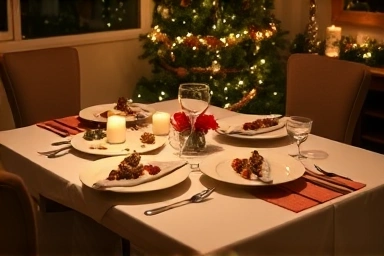 Romantic Christmas dinner table for two