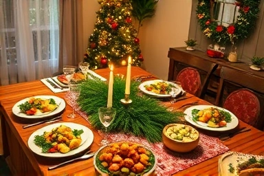 Festive Christmas home party table with easy, delicious dishes.