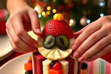 Assembling a cute and easy Fruit Santa dessert for Christmas.