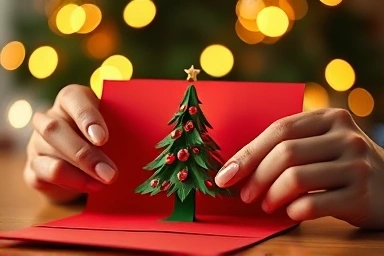 Handmade Christmas pop-up card being folded