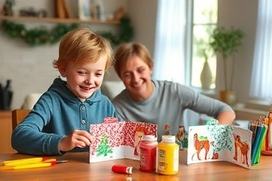 Child and adult making Christmas pop-up cards together