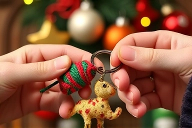 Hands crafting a unique DIY keychain with festive holiday elements.