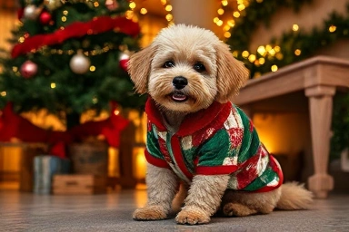Dog in Christmas winter coat by tree