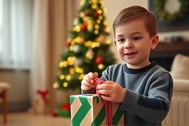 Boy happily opening Christmas gift, sparking imagination and joy.