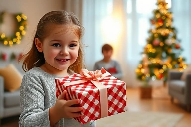 Girl excitedly opening Christmas gift, festive atmosphere